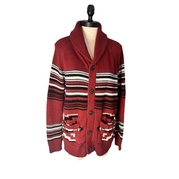 Lucky Brand Women’s Button Up Cardigan LG Cowl Neck Red Black Aztec Western - Picture 1 of 8